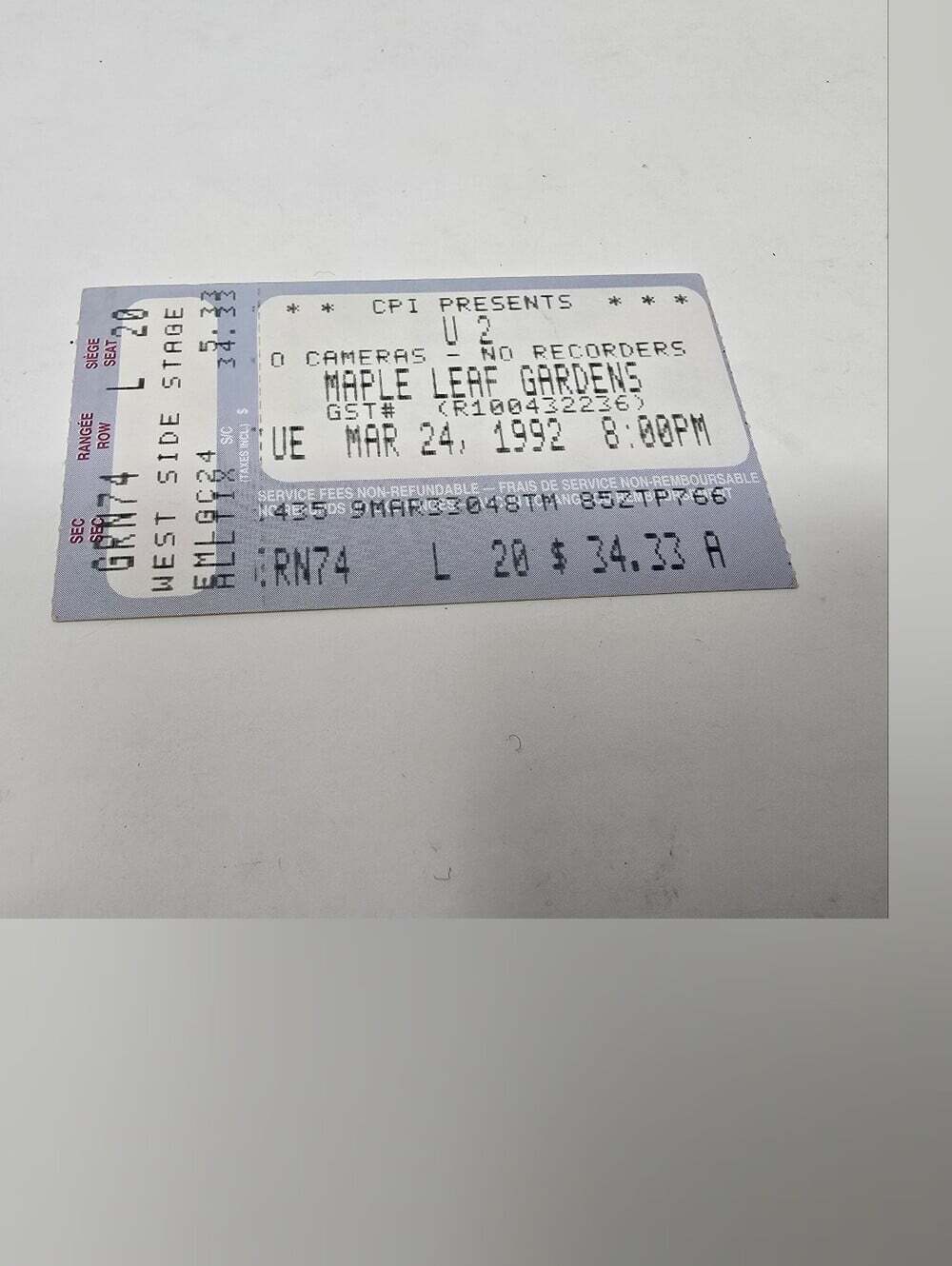 U2 Concert Stub Vintage 90s 1992 Toronto Ticket Zoo TV Tour Maple Leaf Gardens